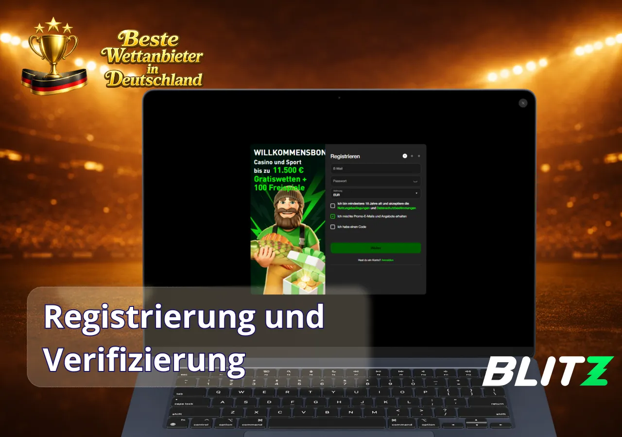 Registrierung und Verifizierung bei Blitz Bet mit Anmeldeformular, Willkommensbonus und sicherem Zugang zum Wettkonto.